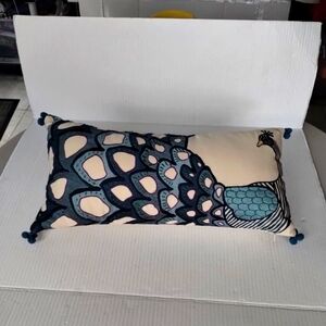 Peacock Embroidered Embossed Accent Pillow Rectangle 18x9x4 Blue Cream Exotic